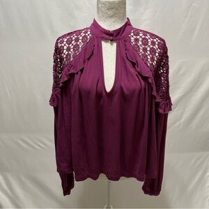 FREE PEOPLE Women Blouse Little Bit of Love Raspberry Lace Crochet Ruffles Small